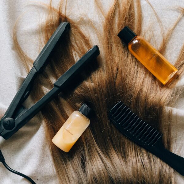 hair with various products and styling tools