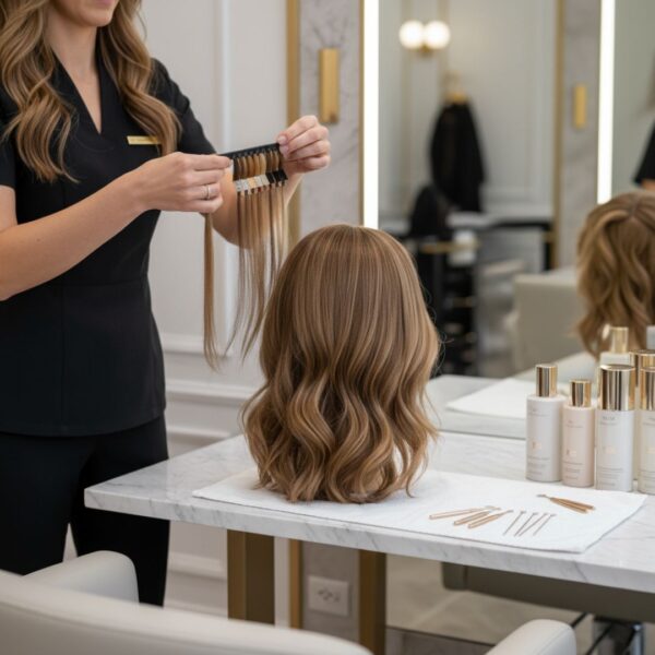 A hair stylist holds various human hair swatches against a client's hair to ensure a perfect color match for a custom wig or topper