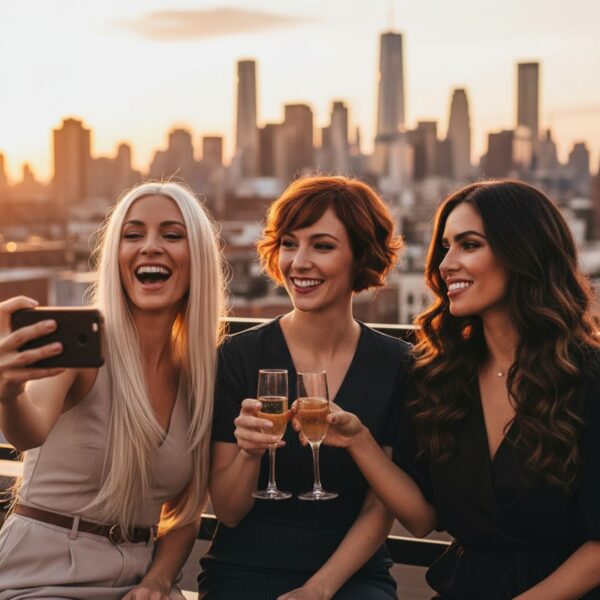 3 women with full hair take a selfie on a NYC roof 