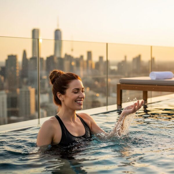 A woman with a secure ponytail laughs in a swimming pool