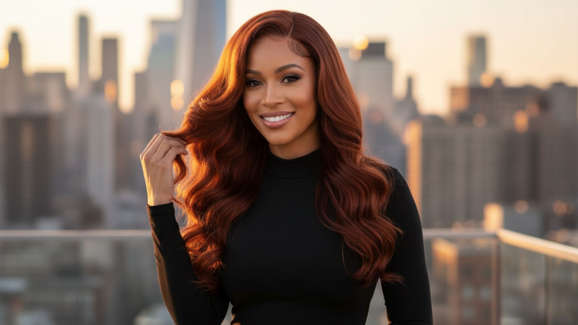 a woman with full, thick hair standing in front of the NYC skyline