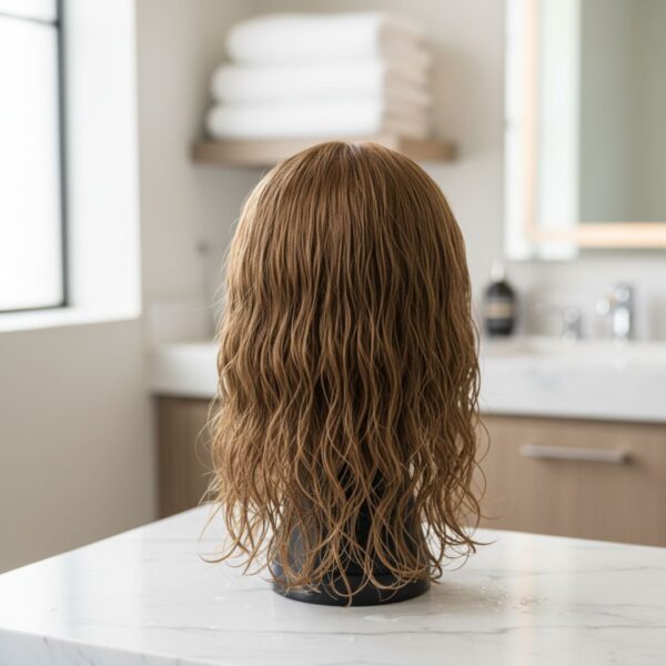 A wet, light brown, wavy wig drying on a black mannequin head, positioned on a white marble surface in a bright, modern bathroom setting