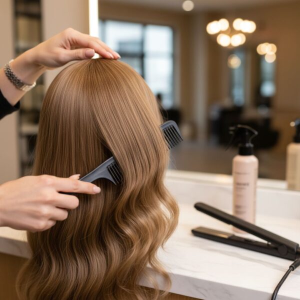 A stylist's hands gently combing a smooth, light brown wig on a mannequin head with a wide-tooth comb