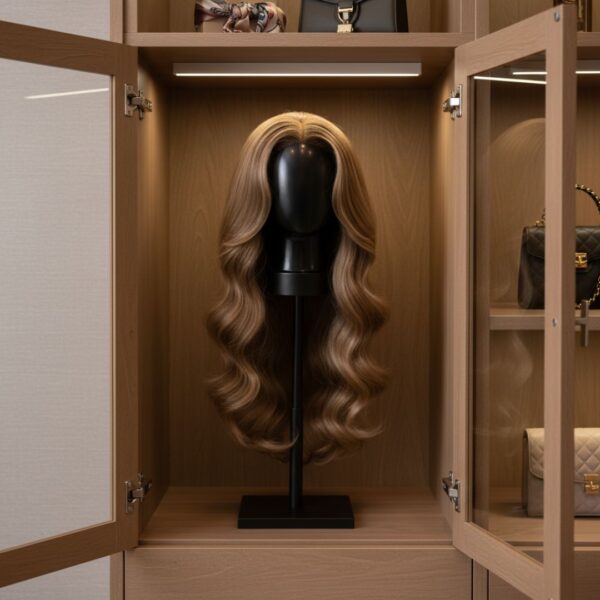 A perfectly styled, long, wavy, light brown wig displayed on a black mannequin head