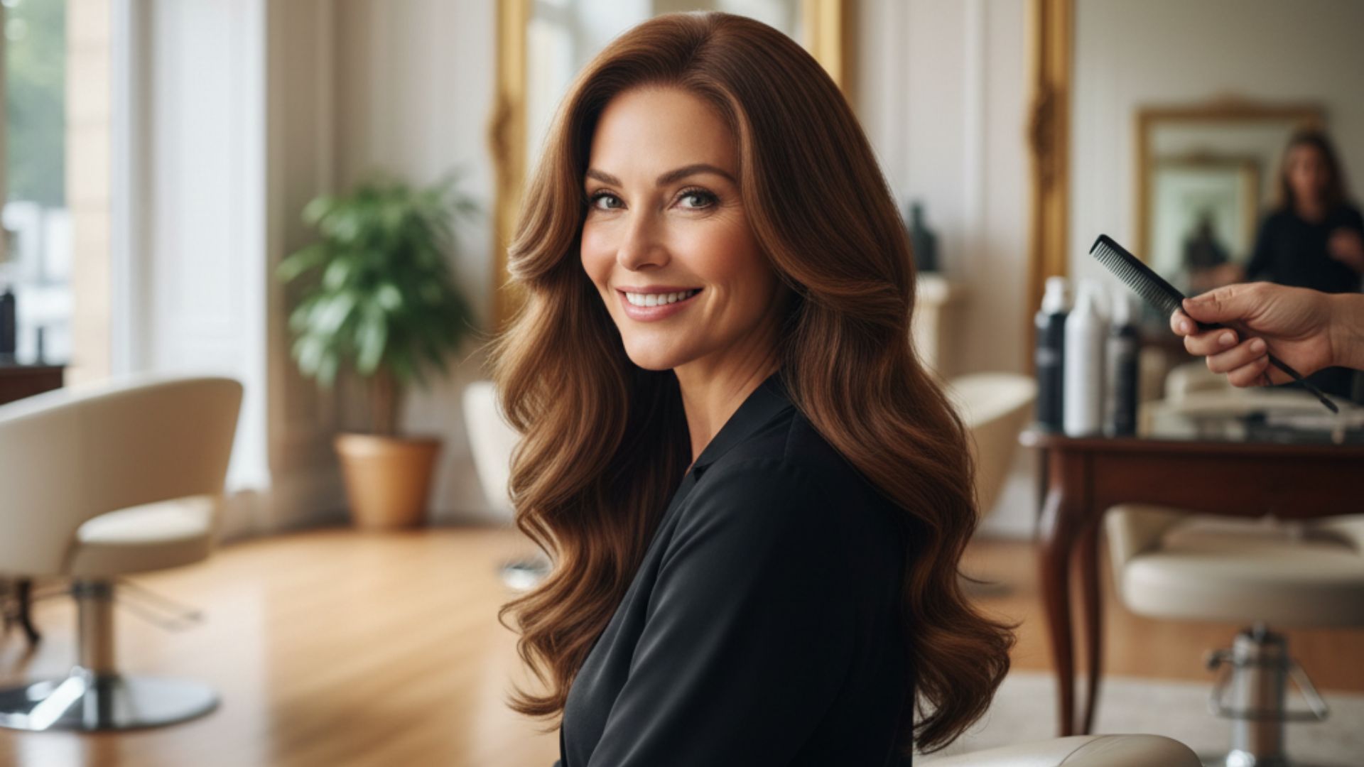 Elegant woman smiling, luxurious salon interior