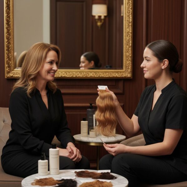 Stylist consulting client in a private, elegant salon