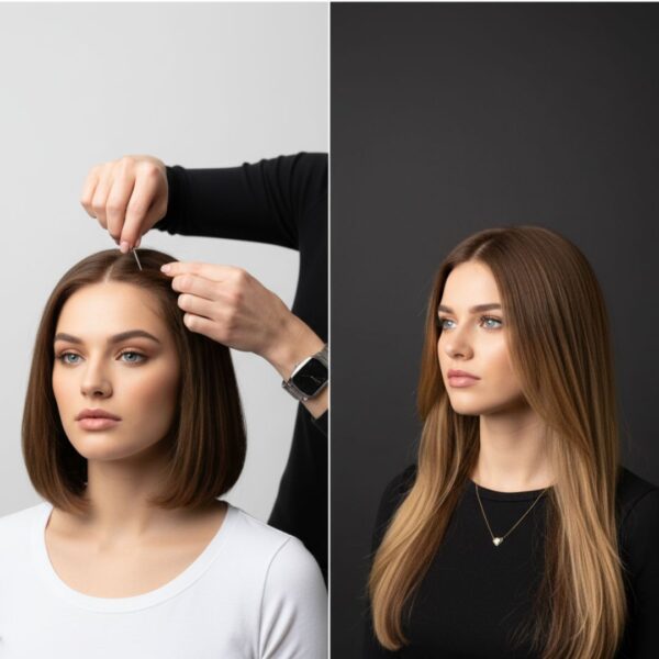 Stylist precisely fitting a custom wig on a client