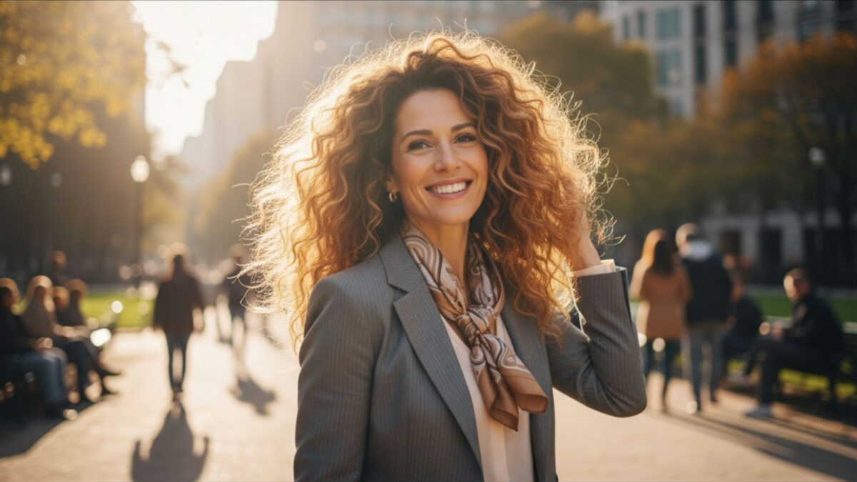 A cheerful woman with abundant curly hair gently touches her locks while standing in an outdoor setting.