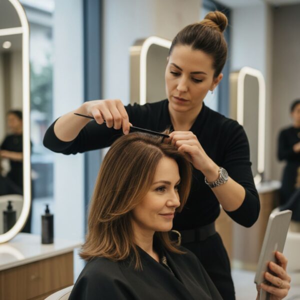 Woman with long hair at salon, stylist meticulously blending