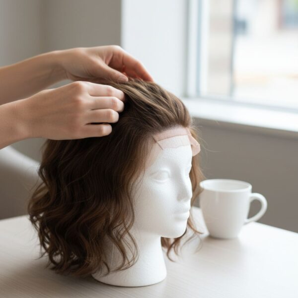 Hands gently holding custom hair topper, consultation setting