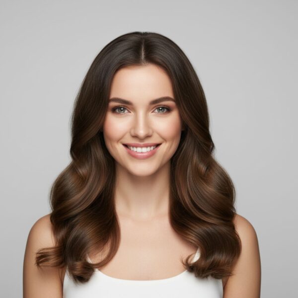 Happy woman confidently showcasing full, beautiful hair