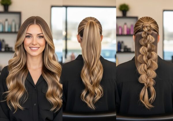 A woman with long hair extensions.