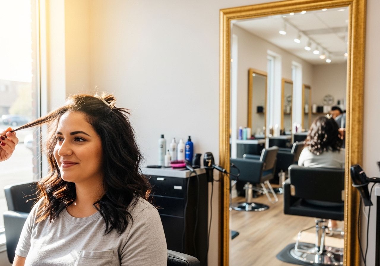 A woman getting her hair cut in a salon chair.