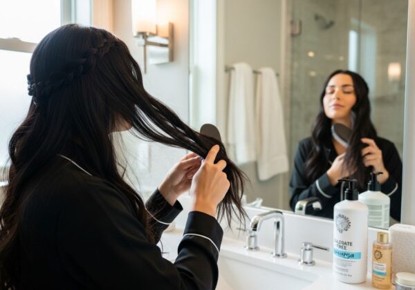 A woman brushing her healthy hair.