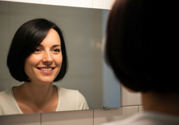A woman looking in the mirror.