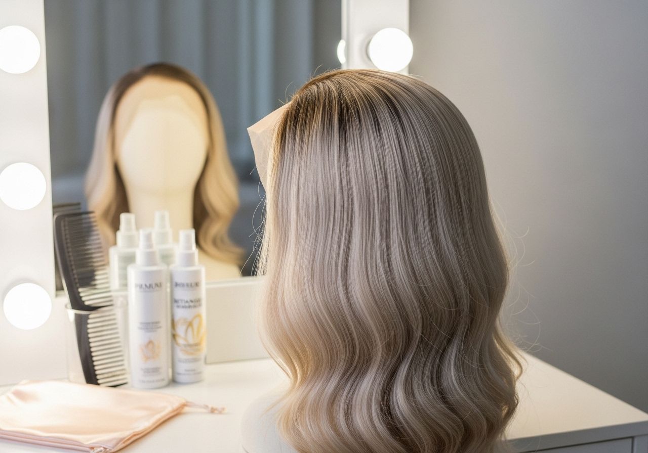 Human hair wig on a vanity.