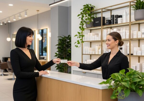 A woman paying at a salon front desk.