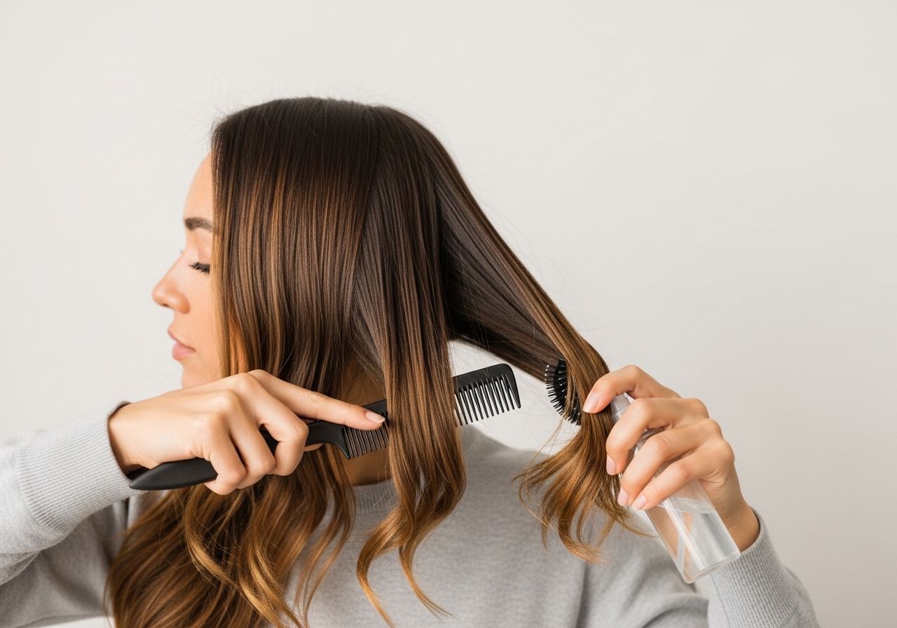 A woman detangling her hair.