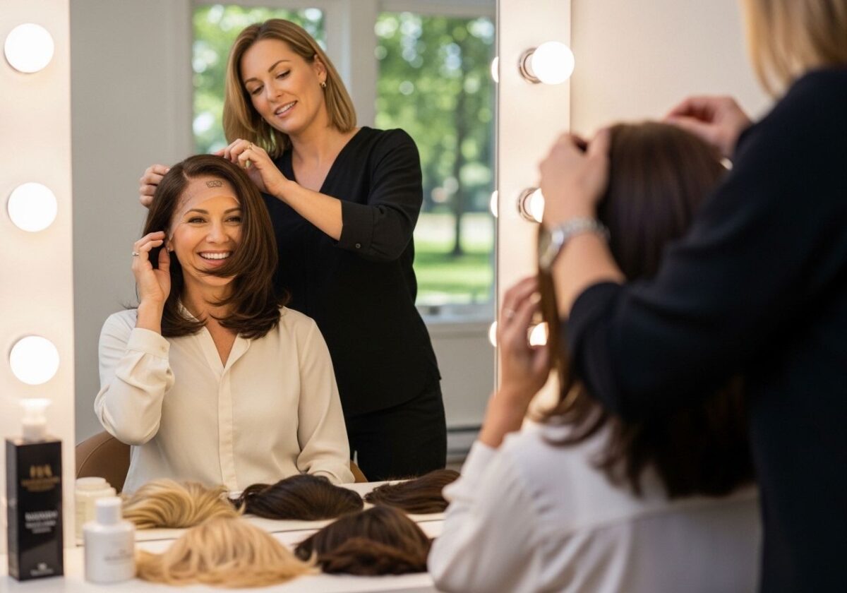 A woman trying out wigs.