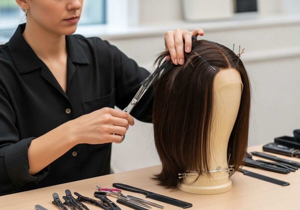 A woman cutting a human hair wig.