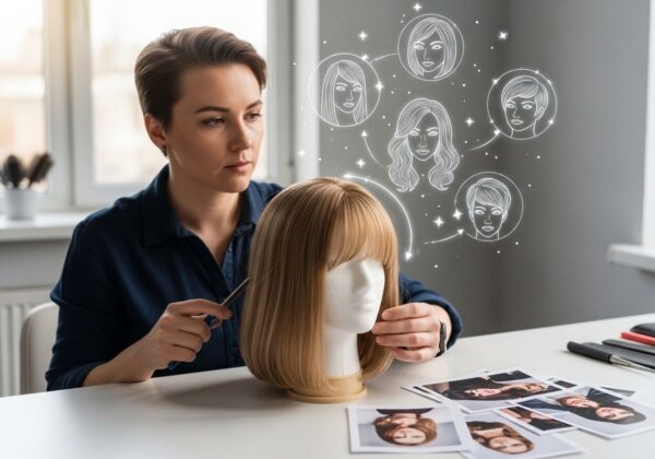A stylist cutting a human hair wig.