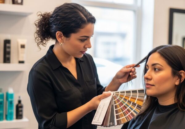 A woman looking at different wig color options.