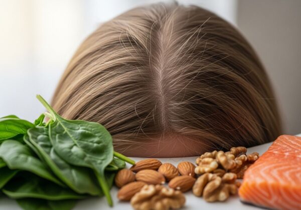 A plate of healthy food to help keep hair healthy.