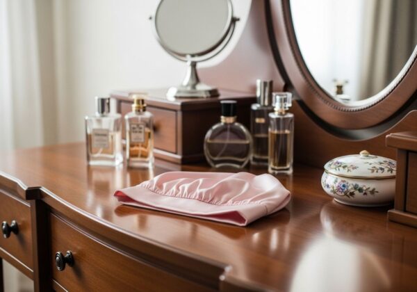 A silk cap on a vanity.