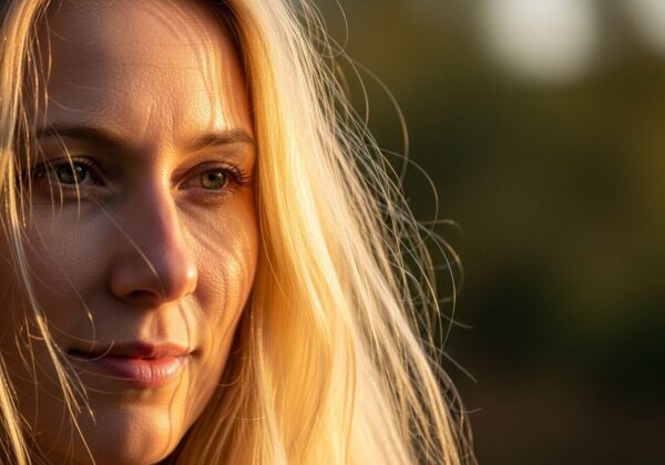 A woman with fine blonde hair.