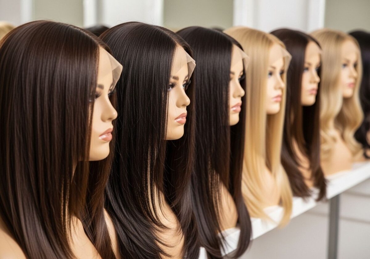 A line of human hair wigs on display.