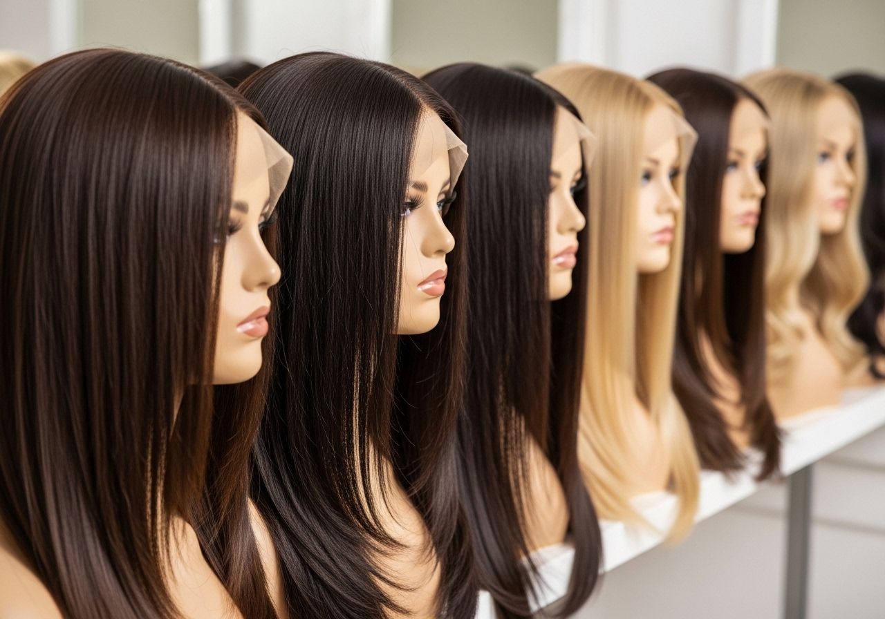 A line of human hair wigs on display.