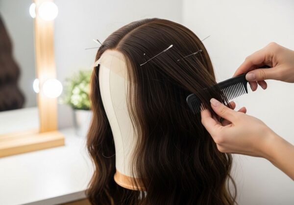 A stylist cutting a human hair wig.