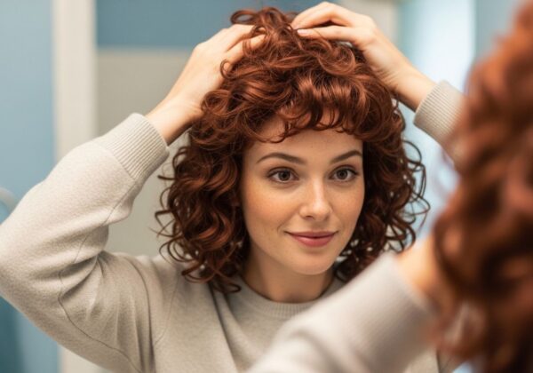 A woman looking in a mirror testing a new wig.