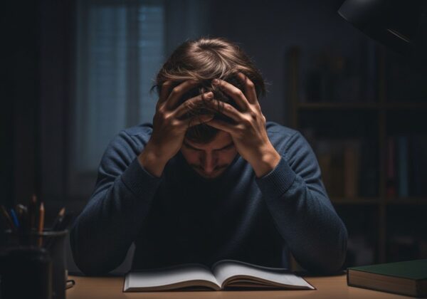 A man looking stressed with his head in his hands.