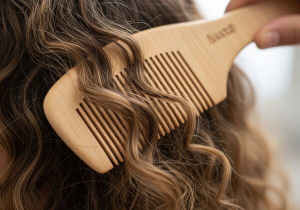 A wide-toothed comb detangling hair.