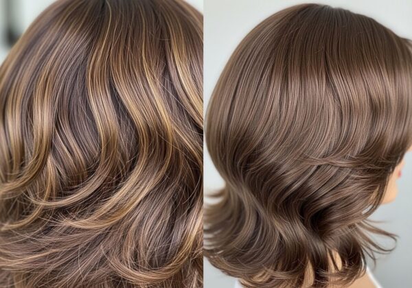 A closeup of a brown human hair wig.