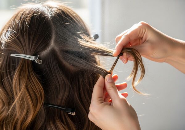 A woman braiding her hair.