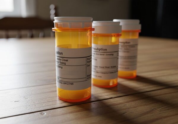 A trio of medicatio bottles on a kitchen table.