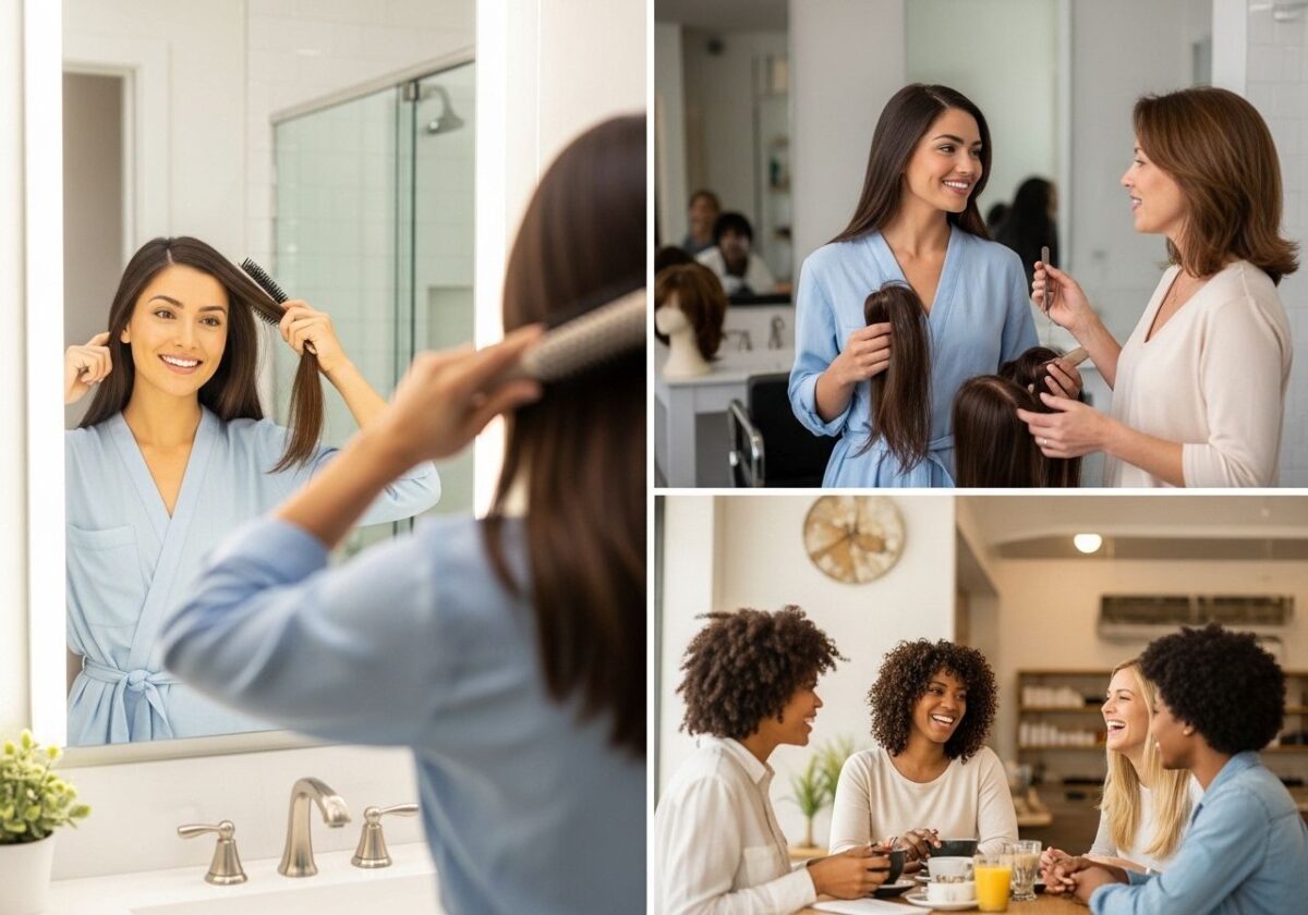 A woman going about daily life and caring for her hair.