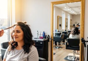 A woman getting her hair cut in a salon chair.