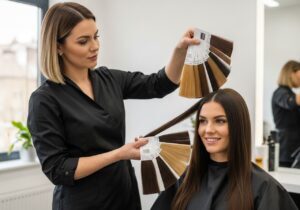 A woman looking at different wig color options.