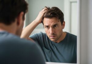 A man looking in the mirror at his hair loss.