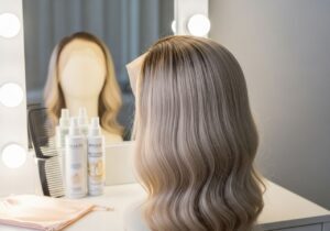 Human hair wig on a vanity.
