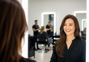 A woman in a salon chair.
